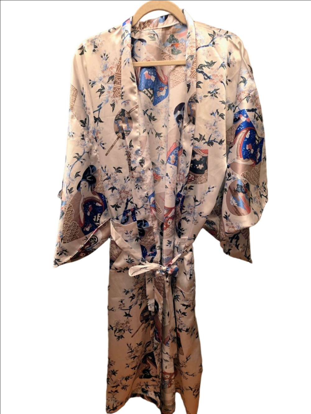 Satin Kimono Robe Geisha Floral Print Belted Dressing Gown OS